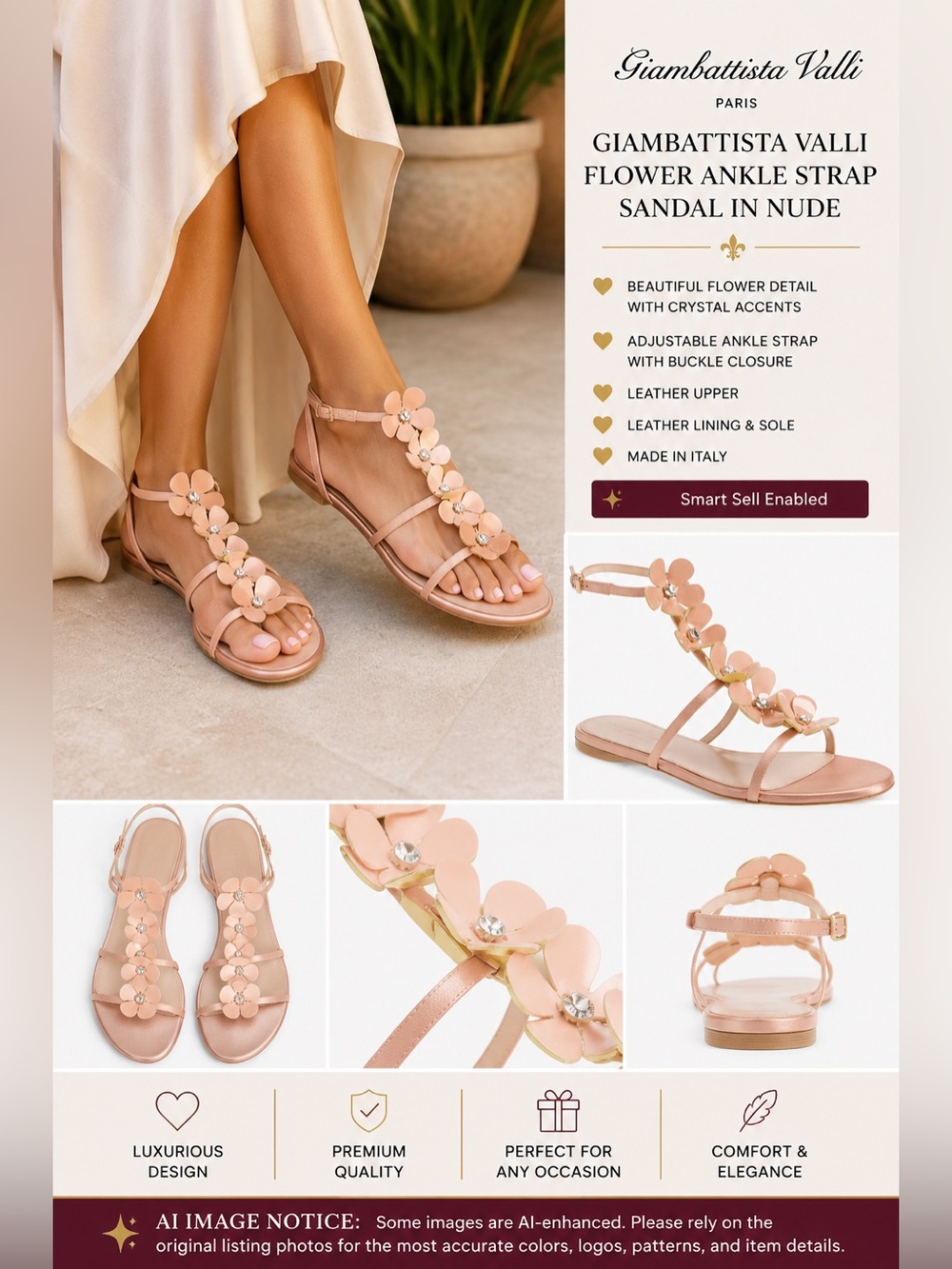 Giambattista Valli Flower Ankle Strap Sandal in Nude